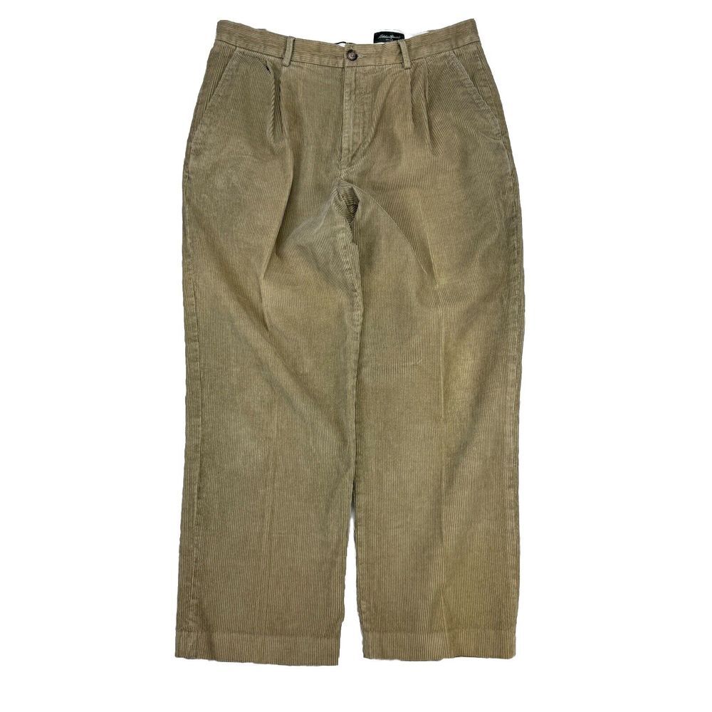 Vintage 90s Y2K Eddie Bauer Mens 34x30 Corduroy Pants Pleated Tan Khaki Straight